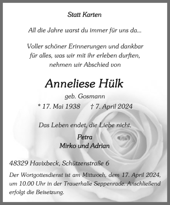 Anzeige von Anneliese Hülk 