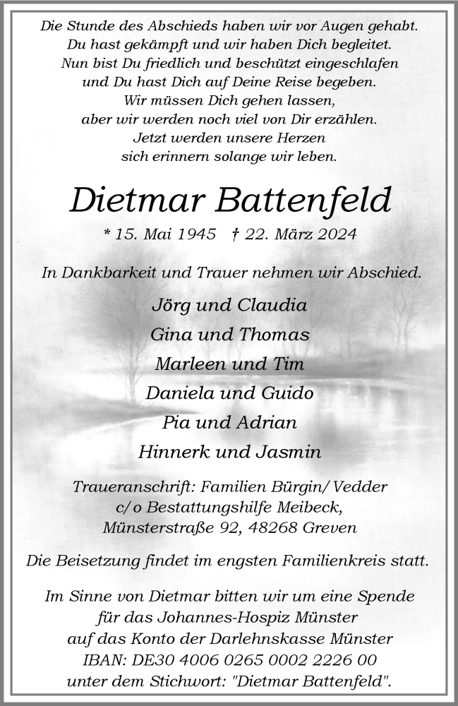  Traueranzeige für Dietmar Battenfeld vom 03.04.2024 aus 