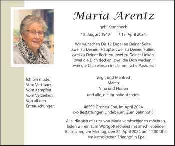 Anzeige von Maria Arentz 