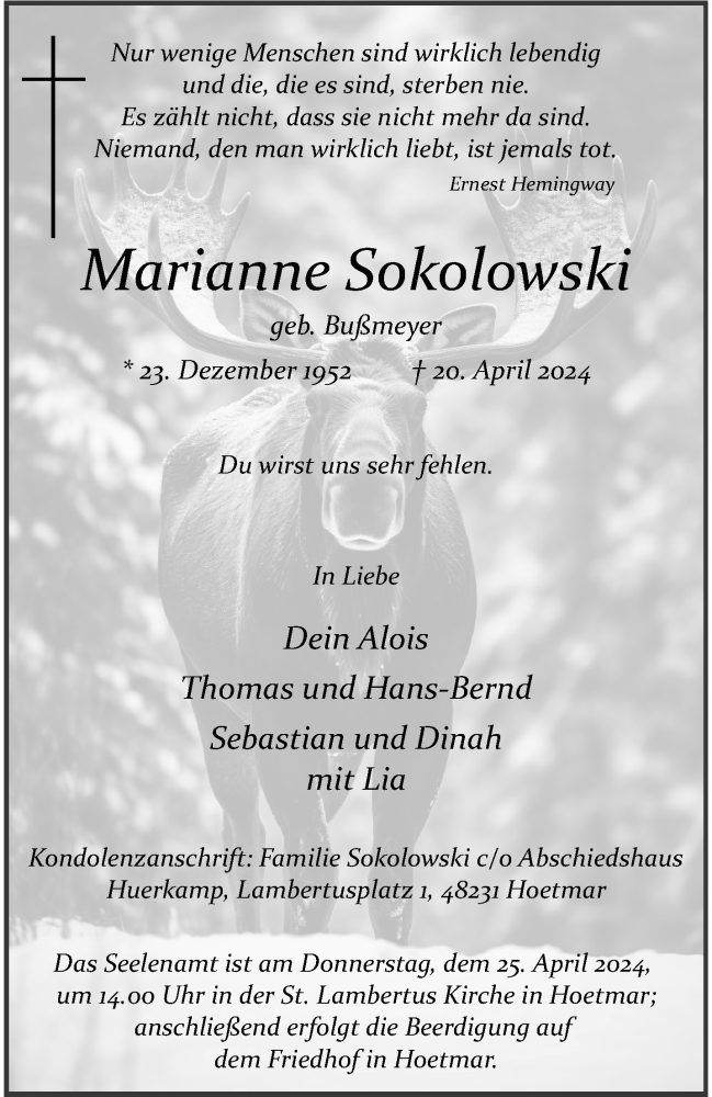  Traueranzeige für Marianne Sokolowski vom 24.04.2024 aus 