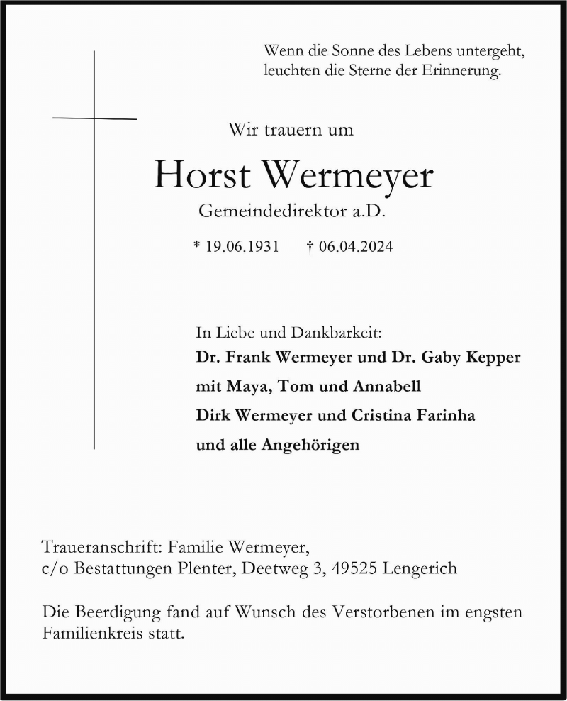  Traueranzeige für Horst Wermeyer vom 16.04.2024 aus 