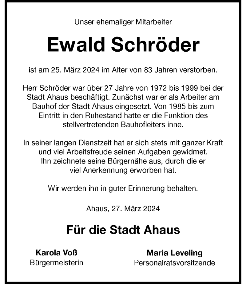  Traueranzeige für Ewald Schröder vom 29.03.2024 aus 