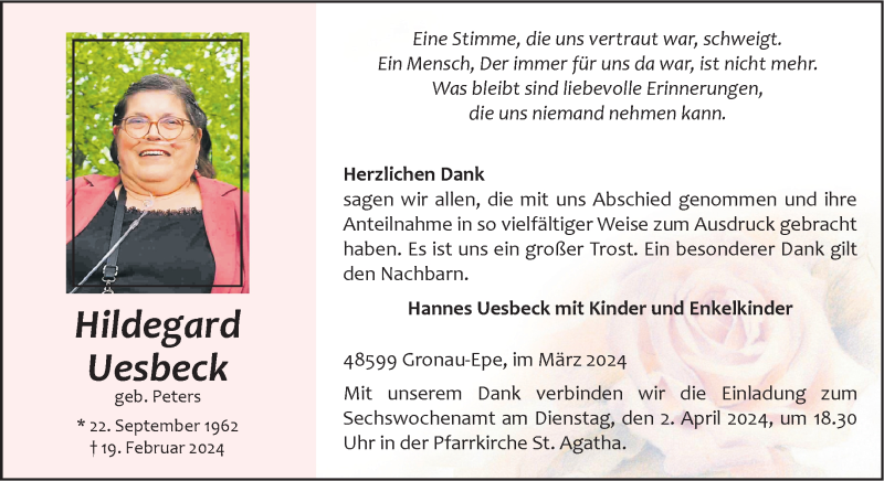  Traueranzeige für Hildegard Uesbeck vom 29.03.2024 aus 