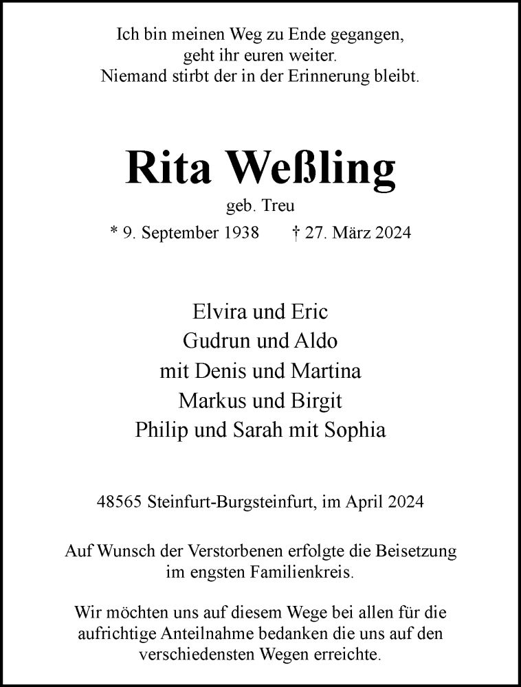  Traueranzeige für Rita Weßling vom 10.04.2024 aus 