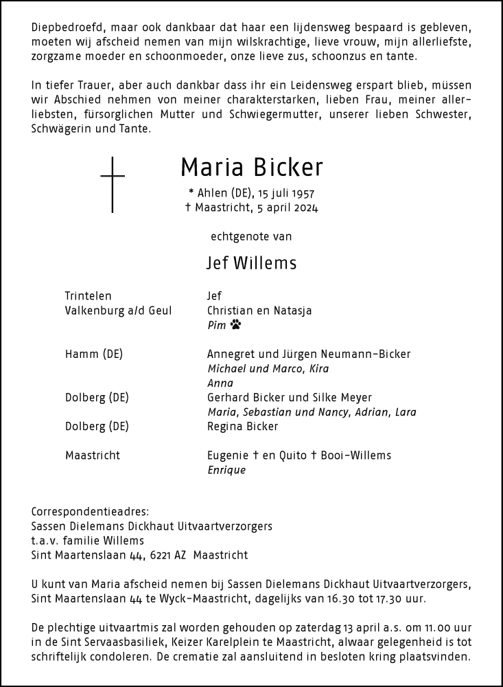  Traueranzeige für Maria Bicker vom 11.04.2024 aus 