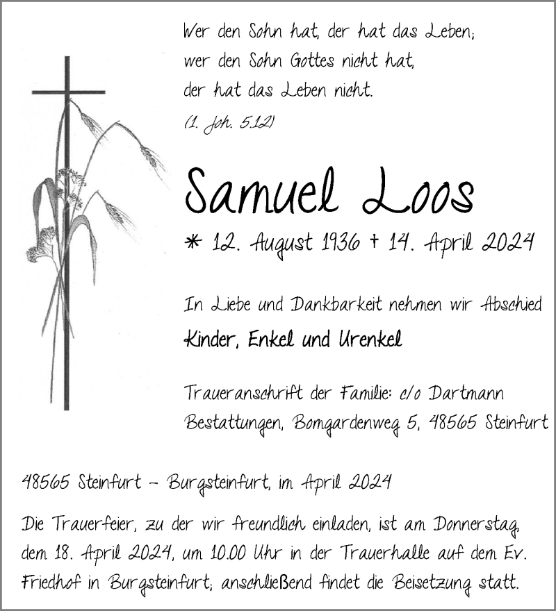  Traueranzeige für Samuel Loos vom 17.04.2024 aus 