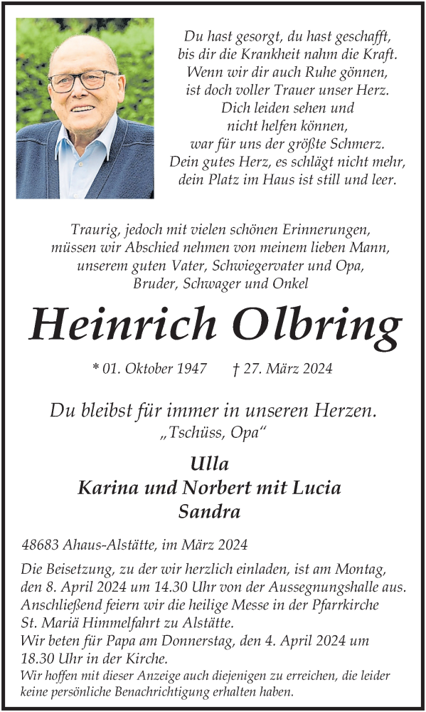  Traueranzeige für Heinrich Olbring vom 02.04.2024 aus 