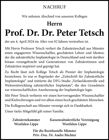 Anzeige von Prof. Dr. Dr. Peter Tetsch 
