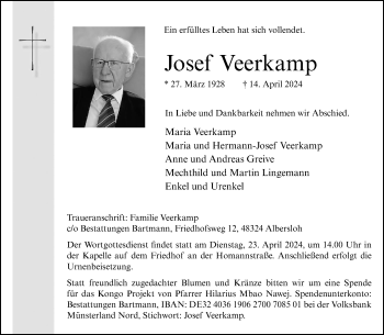 Anzeige von Josef Veerkamp 