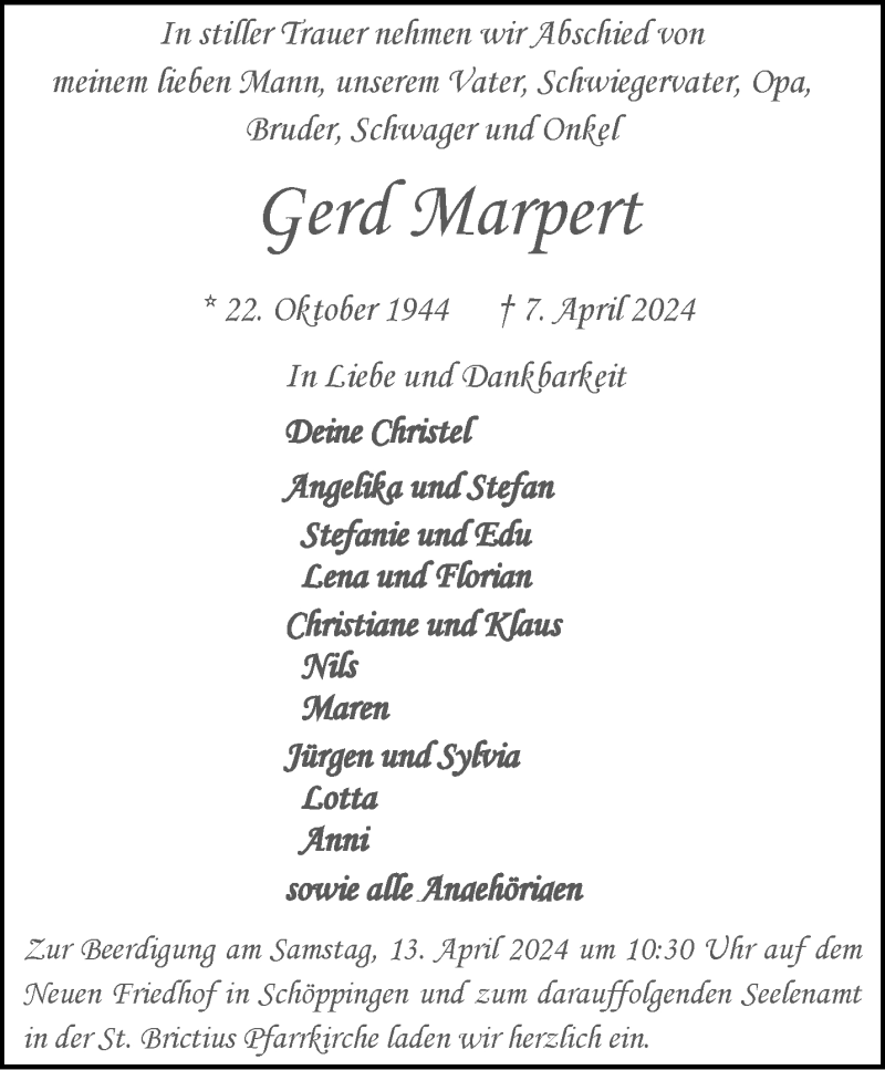  Traueranzeige für Gerd Marpert vom 10.04.2024 aus 