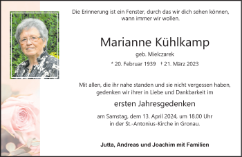 Anzeige von Marianne Kühlkamp 