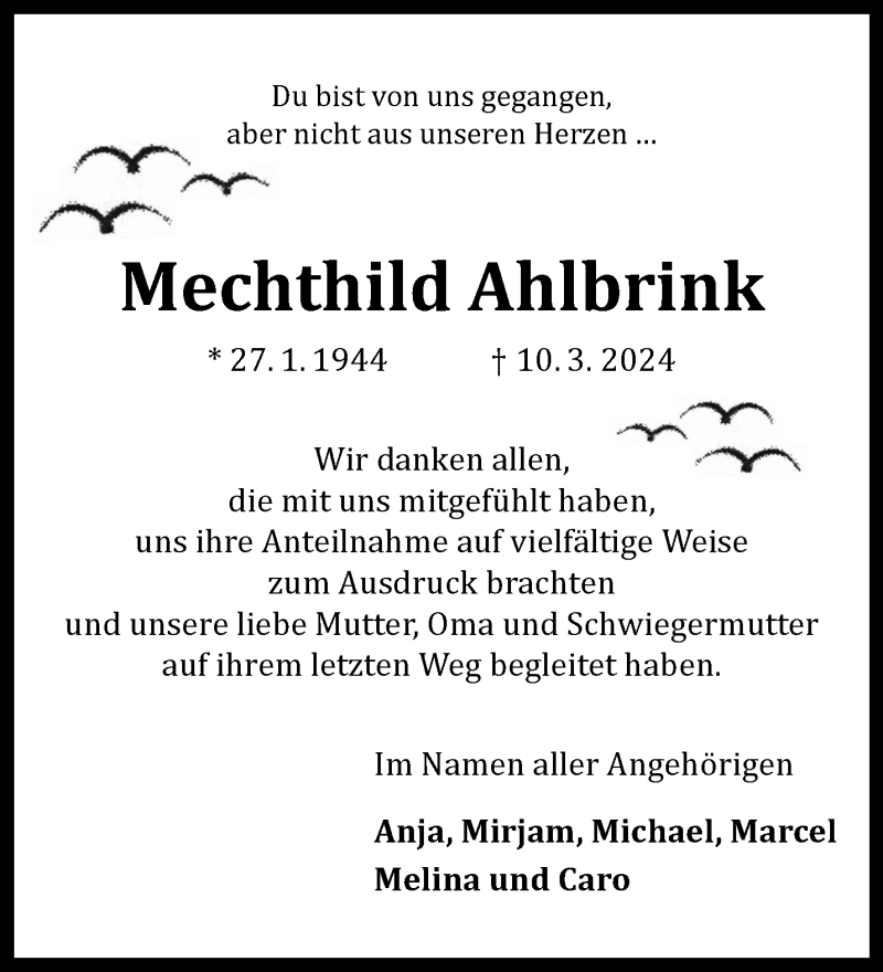  Traueranzeige für Mechthild Ahlbrink vom 20.04.2024 aus 