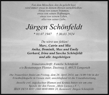 Anzeige von Jürgen Schönfeldt 