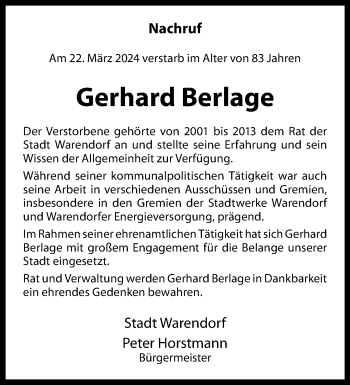 Anzeige von Gerhard Berlage 