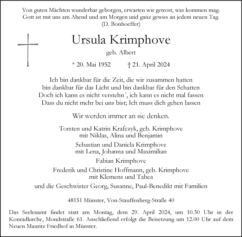  Traueranzeige für Ursula Krimphove vom 27.04.2024 aus 