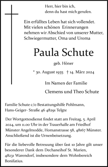 Anzeige von Paula Schute 