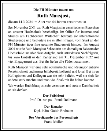 Anzeige von Ruth Maasjost 