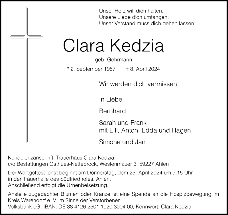  Traueranzeige für Clara Kedzia vom 17.04.2024 aus 