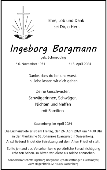 Anzeige von Ingeborg Borgmann 