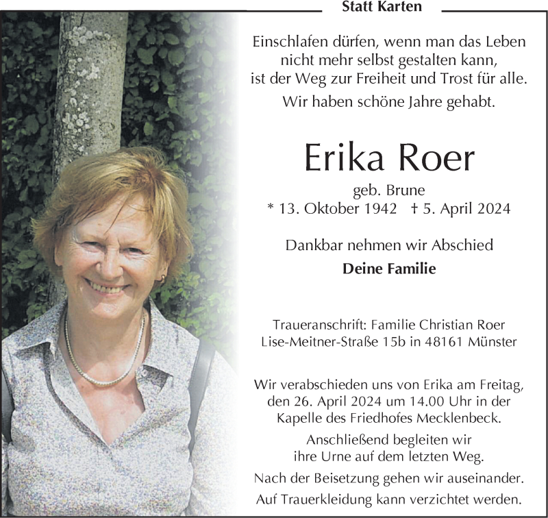  Traueranzeige für Erika Roer vom 13.04.2024 aus 