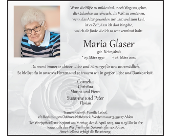 Anzeige von Maria Glaser 