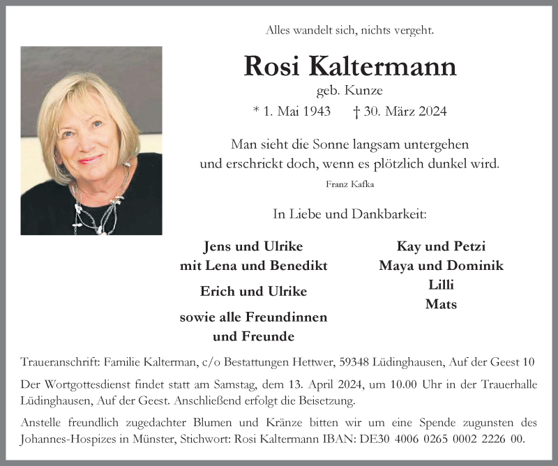  Traueranzeige für Rosi Kaltermann vom 06.04.2024 aus 