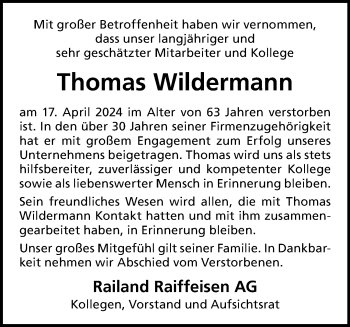 Anzeige von Thomas Wildermann 