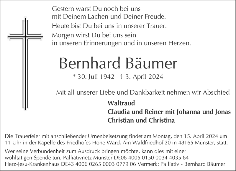  Traueranzeige für Bernhard Bäumer vom 06.04.2024 aus 