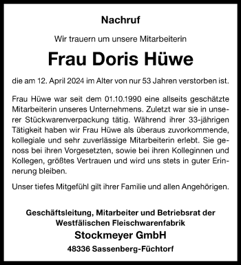 Anzeige von Doris Hüwe 