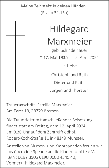 Anzeige von Hildegard Marxmeier 