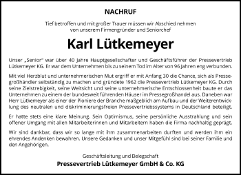Anzeige von Karl Lütkemeyer 