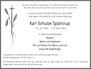 Anzeige von Karl Schulze Spüntrup 