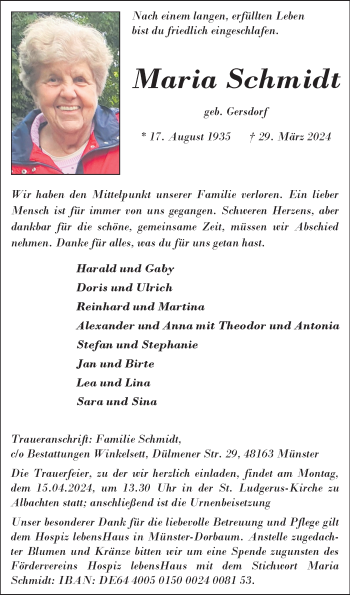 Anzeige von Maria Schmidt 