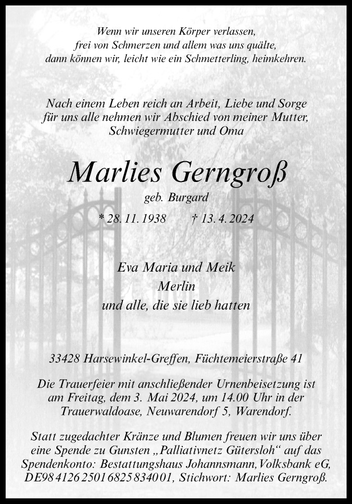  Traueranzeige für Marlies Gerngroß vom 27.04.2024 aus 