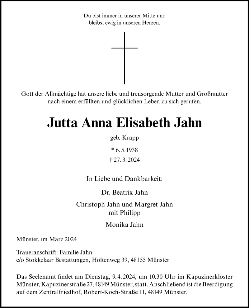  Traueranzeige für Jutta Anna Elisabeth Jahn vom 29.03.2024 aus 