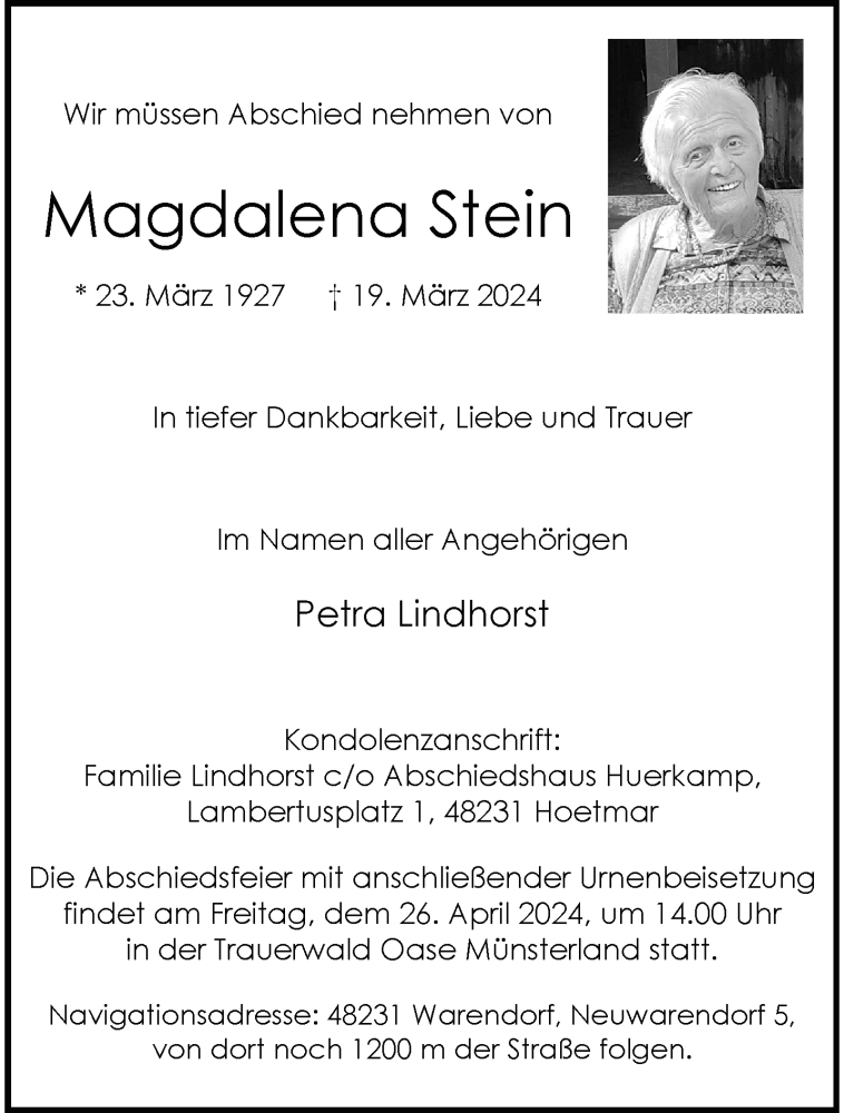  Traueranzeige für Magdalena Stein vom 06.04.2024 aus 