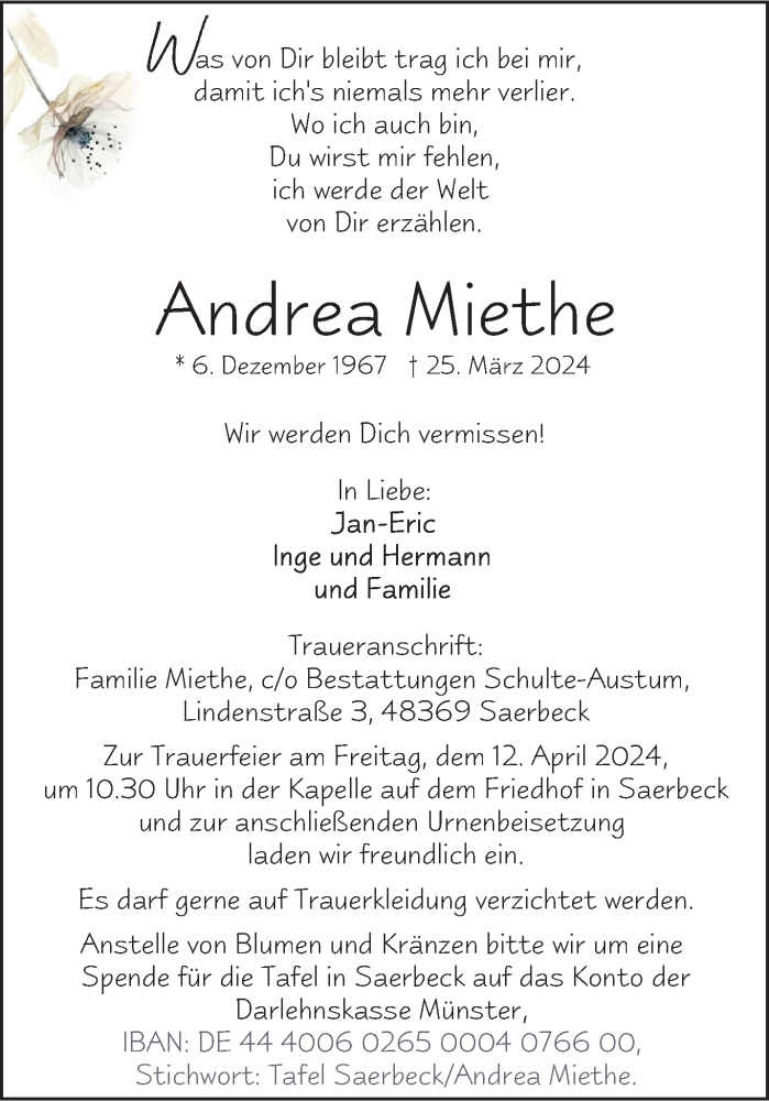  Traueranzeige für Andrea Miethe vom 10.04.2024 aus 