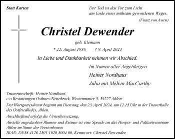 Anzeige von Christel Dewender 