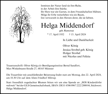 Anzeige von Helga Middendorf 