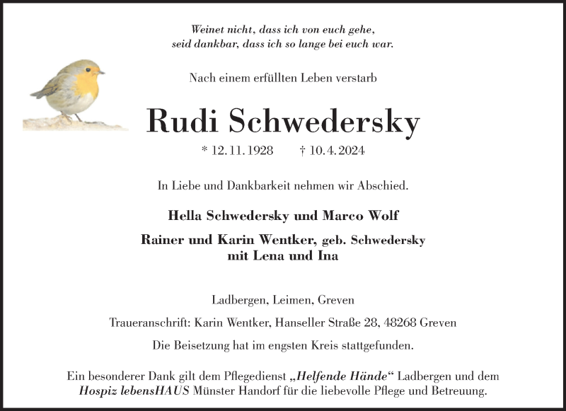  Traueranzeige für Rudi Schwedersky vom 20.04.2024 aus 