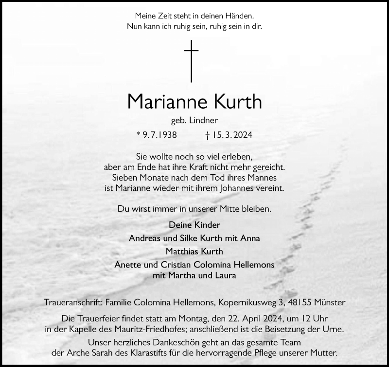  Traueranzeige für Marianne Kurth vom 06.04.2024 aus 