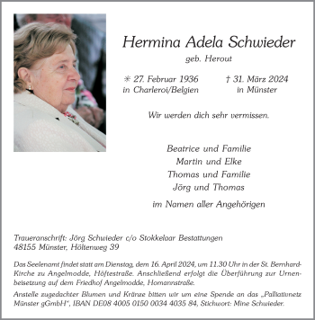Anzeige von Hermina Adela Schwieder 