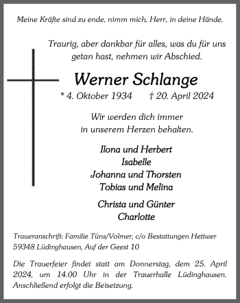 Anzeige von Werner Schlange 
