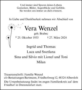 Anzeige von Vera Wenzel 