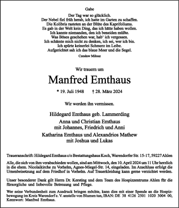 Anzeige von Manfred Emthaus 