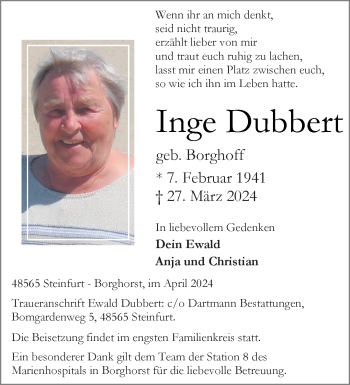 Anzeige von Inge Dubbert 
