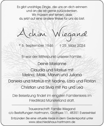 Anzeige von Achim Wiegand 