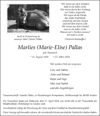 Anzeige von Marlies Pallas 