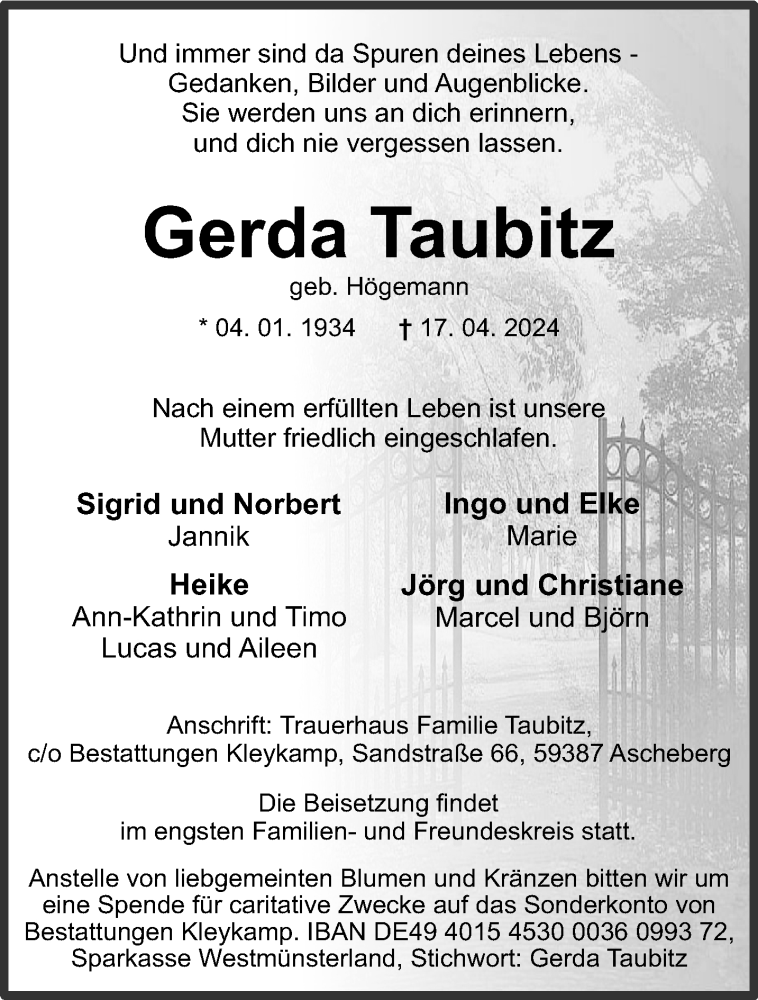  Traueranzeige für Gerda Taubitz vom 20.04.2024 aus 