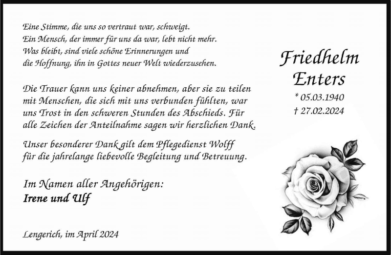  Traueranzeige für Friedhelm Enters vom 26.04.2024 aus 